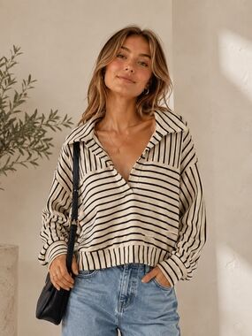 Sincerly Jules Cream and Black Striped Knit Polo Pullover Top Medium